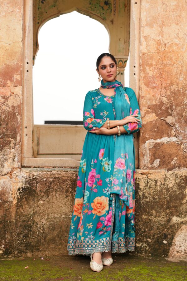 Floral Printed Empire Kurta with Trousers & Dupatta - Image 2