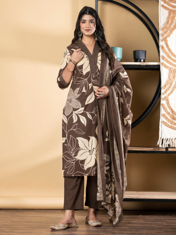Straight Style Cotton Fabric Coffee Brown Color Kurta And Bottom With Dupatta - Image 4