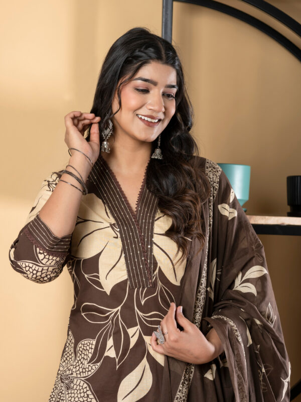 Straight Style Cotton Fabric Coffee Brown Color Kurta And Bottom With Dupatta - Image 5