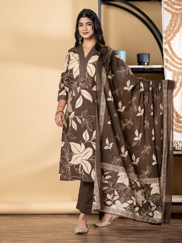 Straight Style Cotton Fabric Coffee Brown Color Kurta And Bottom With Dupatta - Image 2