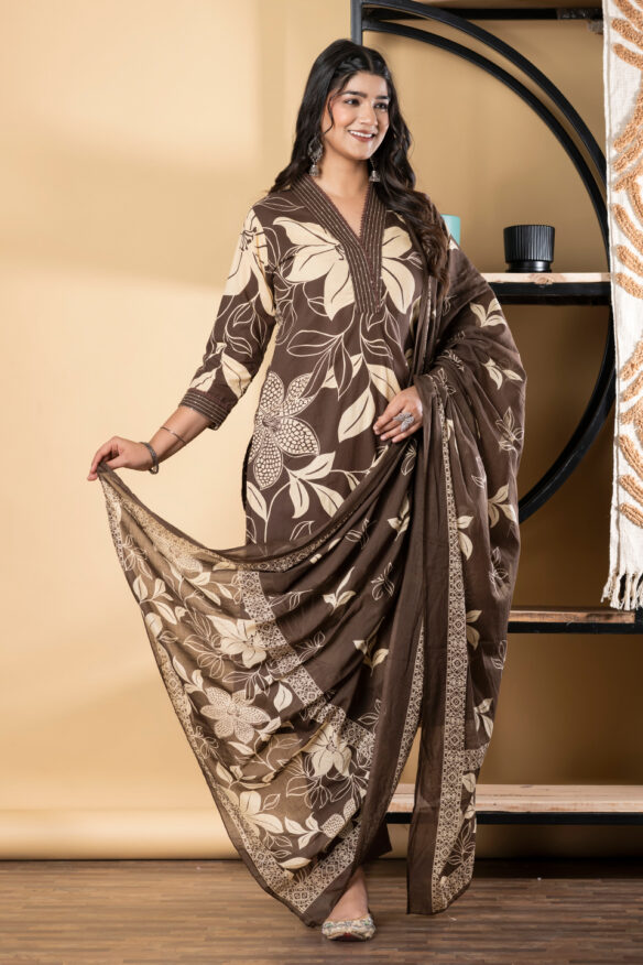 Straight Style Cotton Fabric Coffee Brown Color Kurta And Bottom With Dupatta