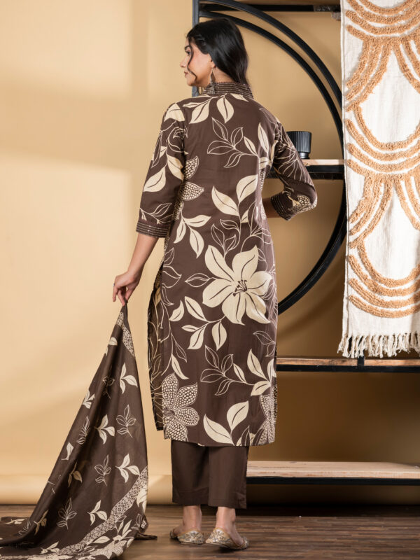 Straight Style Cotton Fabric Coffee Brown Color Kurta And Bottom With Dupatta - Image 3
