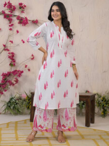 Paisley Printed Thread Work Pure Cotton Straight Kurta With Palazzos & Dupatta
