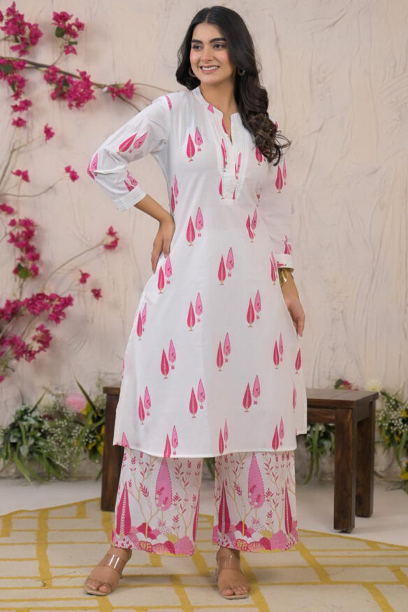 Paisley Printed Thread Work Pure Cotton Straight Kurta With Palazzos & Dupatta