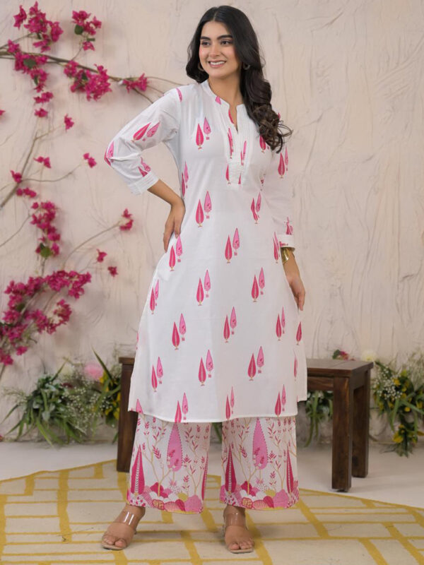 Paisley Printed Thread Work Pure Cotton Straight Kurta With Palazzos & Dupatta