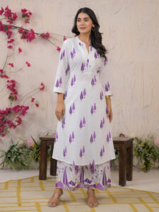 Straight Style Cotton Fabric Purple Color Kurta and Bottom with Dupatta