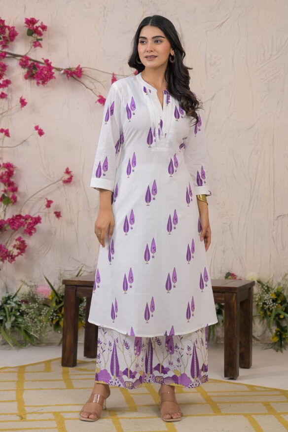 Straight Style Cotton Fabric Purple Color Kurta and Bottom with Dupatta
