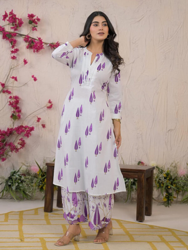 Straight Style Cotton Fabric Purple Color Kurta and Bottom with Dupatta - Image 4