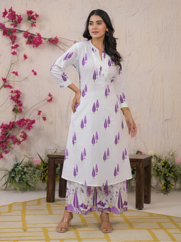 Straight Style Cotton Fabric Purple Color Kurta and Bottom with Dupatta - Image 2