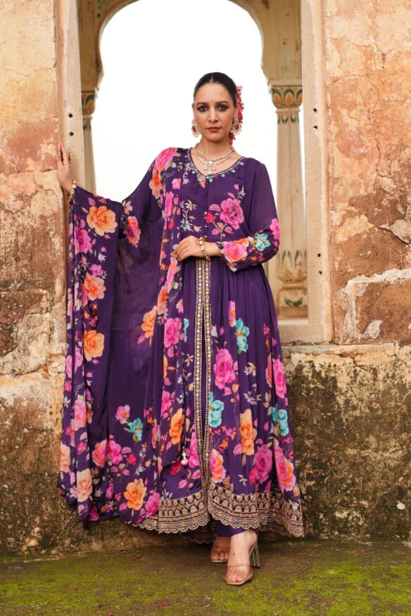 Women Floral Print Anarkali Kurta with Pants & Dupatta Set