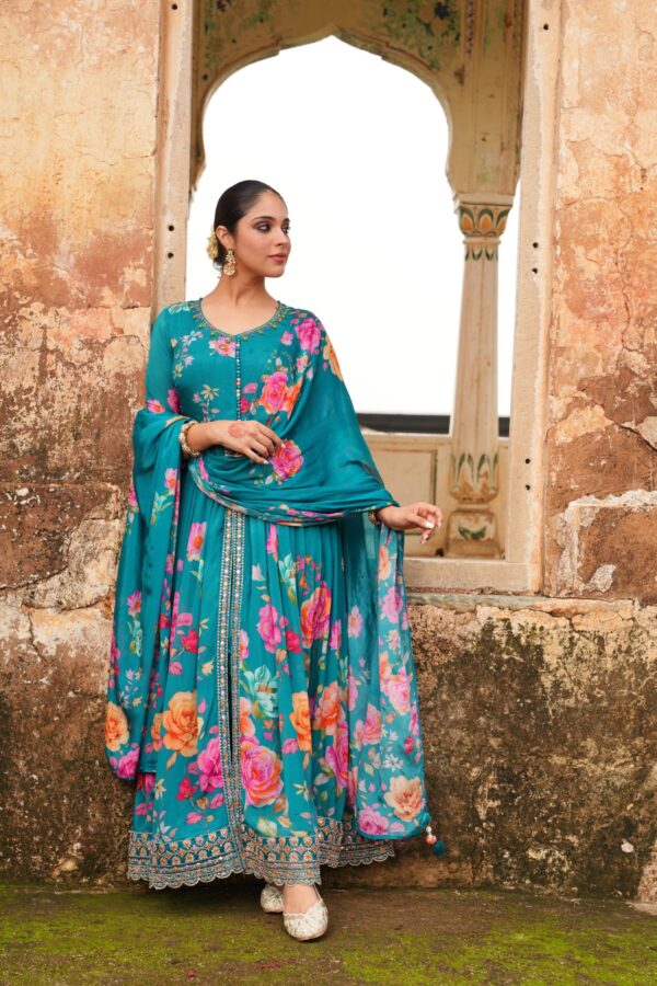Floral Printed Empire Kurta with Trousers & Dupatta - Image 3