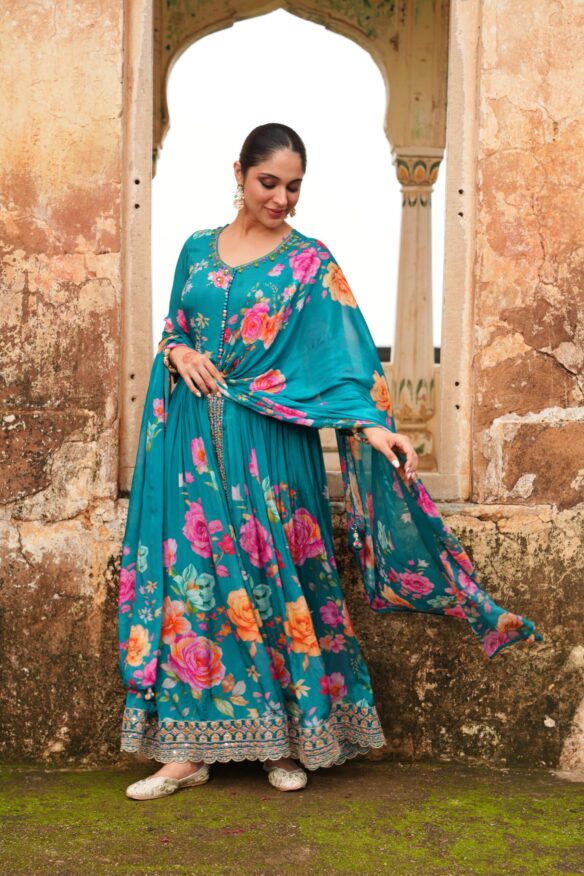 Floral Printed Empire Kurta with Trousers & Dupatta