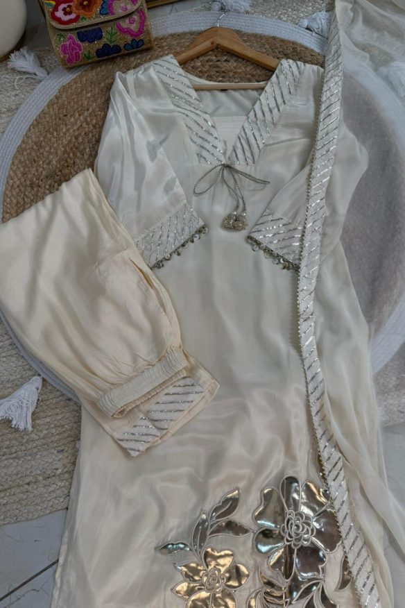 Premium Crepe Three Piece Suit with Beautiful Leather Work Detailings