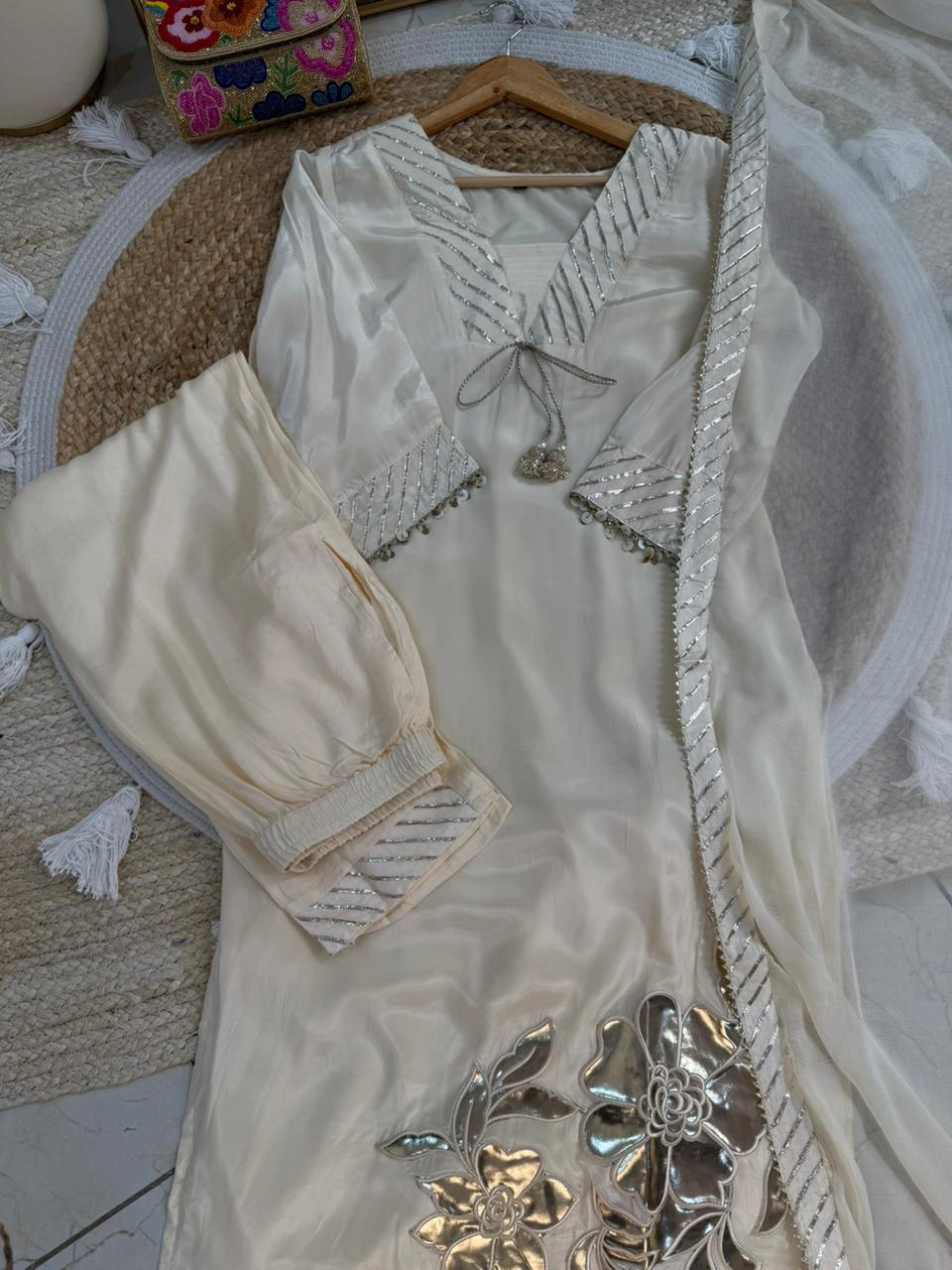 Premium Crepe Three Piece Suit with Beautiful Leather Work Detailings