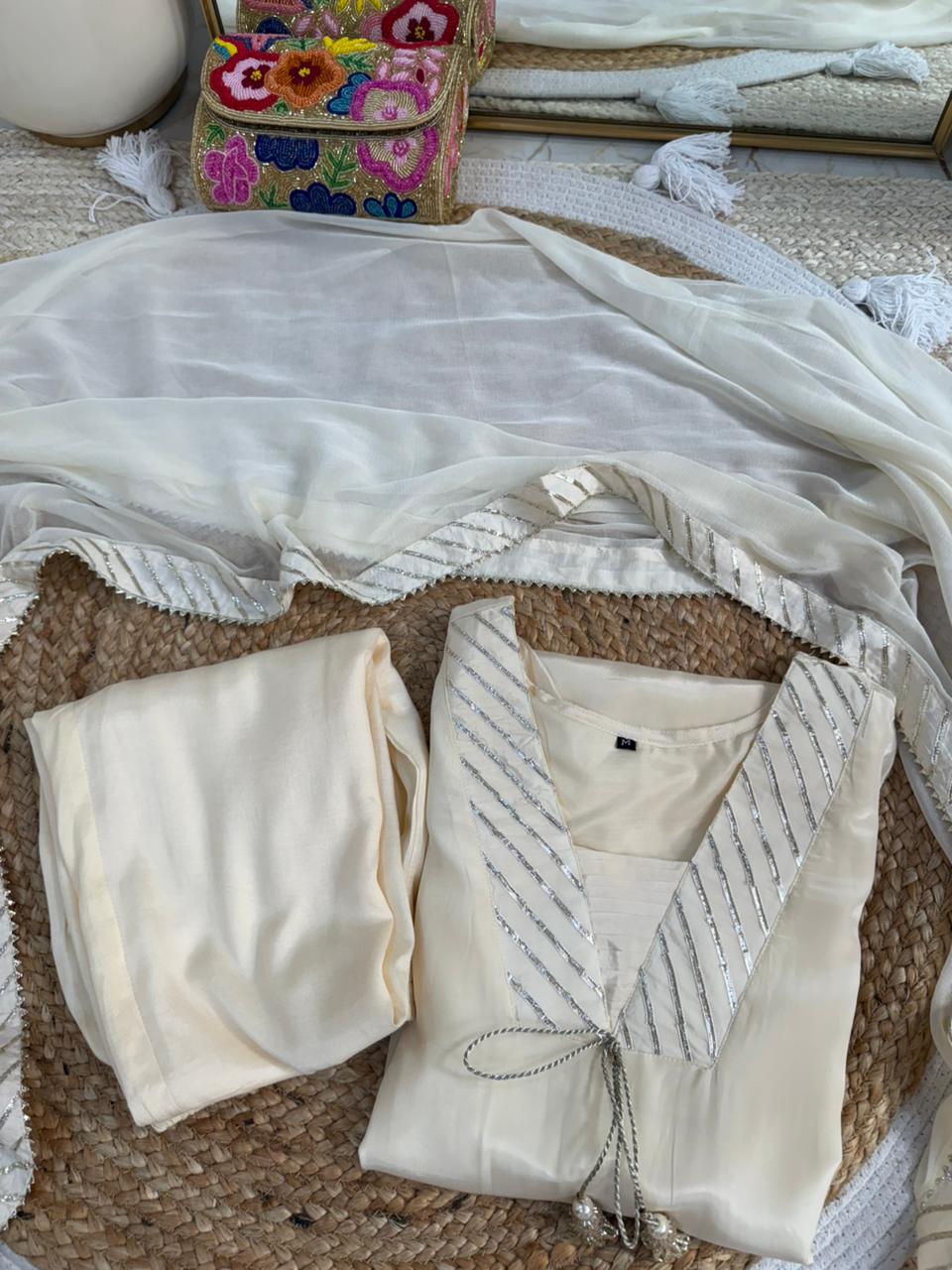 Premium Crepe Three Piece Suit with Beautiful Leather Work Detailings - Image 3